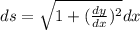 ds= { \sqrt{1+ ( \frac{dy}{dx} )^{2} } }dx