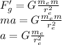 F_g'=G\frac{m_em}{r_e^2}\\ ma=G\frac{m_em}{r_e^2}\\ a=G\frac{m_e}{r_e^2}