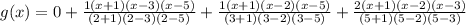 g(x)=0+\frac{1(x+1)(x-3)(x-5)}{(2+1)(2-3)(2-5)}+\frac{1(x+1)(x-2)(x-5)}{(3+1)(3-2)(3-5)}+\frac{2(x+1)(x-2)(x-3)}{(5+1)(5-2)(5-3)}