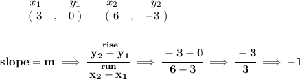 \bf \begin{array}{ccccccccc}&#10;&&x_1&&y_1&&x_2&&y_2\\&#10;%  (a,b)&#10;&&(~ 3 &,& 0~) &#10;%  (c,d)&#10;&&(~ 6 &,& -3~)&#10;\end{array}&#10;\\\\\\&#10;% slope  = m&#10;slope =  m\implies &#10;\cfrac{\stackrel{rise}{ y_2- y_1}}{\stackrel{run}{ x_2- x_1}}\implies \cfrac{-3-0}{6-3}\implies \cfrac{-3}{3}\implies -1