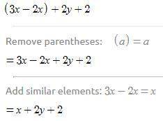 Justify each step used to simplify the expression (3x - 2x) + 2y + 2