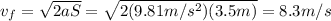 v_f =  \sqrt{2aS} = \sqrt{2 (9.81 m/s^2)(3.5 m)}=8.3 m/s