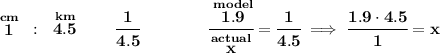 \bf \stackrel{cm}{1}~:~\stackrel{km}{4.5}\qquad \cfrac{1}{4.5}\qquad \qquad \cfrac{\stackrel{model}{1.9}}{\stackrel{actual}{x}}=\cfrac{1}{4.5}\implies \cfrac{1.9\cdot 4.5}{1}=x
