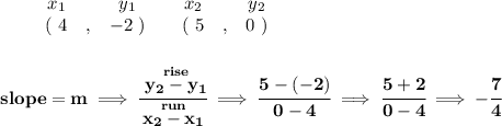 \bf \begin{array}{ccccccccc}&#10;&&x_1&&y_1&&x_2&&y_2\\&#10;%  (a,b)&#10;&&(~{{ 4}} &,&{{ -2}}~) &#10;%  (c,d)&#10;&&(~{{ 5}} &,&{{ 0}}~)&#10;\end{array}&#10;\\\\\\&#10;% slope  = m&#10;slope = {{ m}}\implies &#10;\cfrac{\stackrel{rise}{{{ y_2}}-{{ y_1}}}}{\stackrel{run}{{{ x_2}}-{{ x_1}}}}\implies \cfrac{5-(-2)}{0-4}\implies \cfrac{5+2}{0-4}\implies -\cfrac{7}{4}