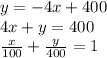 y=-4x+400\\4x+y=400\\\frac{x}{100}+\frac{y}{400}=1