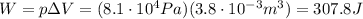 W=p \Delta V=( 8.1 \cdot 10^{4}Pa)(3.8 \cdot 10^{-3}m^3)=307.8 J