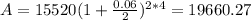 A=15520 (1+ \frac{0.06}{2} )^{2*4}=19660.27