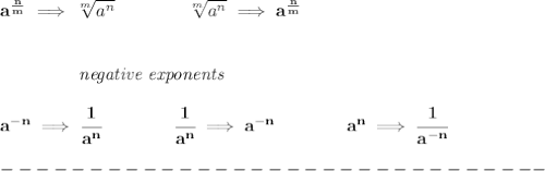 \bf a^{\frac{{ n}}{{ m}}} \implies  \sqrt[{ m}]{a^{ n}} \qquad \qquad&#10;\sqrt[{ m}]{a^{ n}}\implies a^{\frac{{ n}}{{ m}}}&#10;\\\\\\&#10;\left.\qquad \qquad \right.\textit{negative exponents}\\\\&#10;a^{-{ n}} \implies \cfrac{1}{a^{ n}}&#10;\qquad \qquad&#10;\cfrac{1}{a^{ n}}\implies a^{-{ n}}&#10;\qquad \qquad &#10;a^{{{  n}}}\implies \cfrac{1}{a^{-{{  n}}}}\\\\&#10;-------------------------------