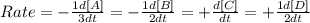 Rate=-\frac{1d[A]}{3dt}=-\frac{1d[B]}{2dt}=+\frac{d[C]}{dt}=+\frac{1d[D]}{2dt}
