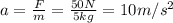 a= \frac{F}{m}= \frac{50 N}{5 kg}=10 m/s^2