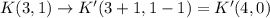 K(3,1)\to K'(3+1,1-1)=K'(4,0)