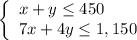 \left\{\begin{array}{l}x+y\le 450\\7x+4y\le 1,150\end{array}\right.