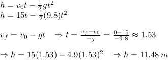 h=v_0t- \frac{1}{2} gt^2\\h=15t-\frac{1}{2}(9.8) t^{2}\\  \\ &#10;v_f=v_0-gt\;\;\;\Rightarrow t= \frac{v_f-v_0}{-g} = \frac{0-15}{-9.8} \approx1.53 \\  \\ &#10;\Rightarrow h=15(1.53)-4.9(1.53)^2\;\;\;\Rightarrow h=11.48\,m