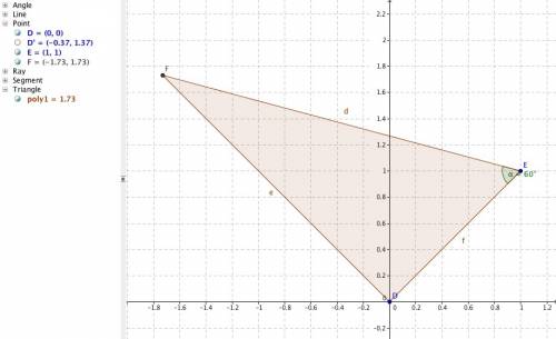 Find the area of the right triangle △def with the points d (0, 0), e (1, 1), and f. m∠def = 60°.  a