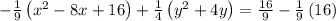 -\frac{1}{9}\left(x^2-8x+16\right)+\frac{1}{4}\left(y^2+4y\right)=\frac{16}{9}-\frac{1}{9}\left(16\right)