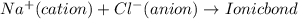 Na^{+}(cation) + Cl^{-}(anion)\rightarrow Ionic bond