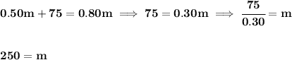 \bf 0.50m+75=0.80m\implies 75=0.30m\implies \cfrac{75}{0.30}=m\\\\\\ 250=m