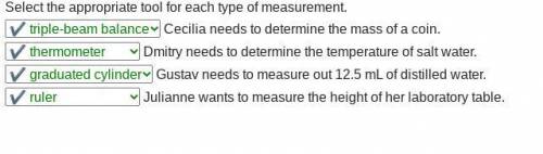 Select the appropriate tool for each type of measurement. cecilia needs to determine the mass of a c