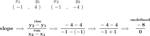 \bf \begin{array}{ccccccccc}&#10;&&x_1&&y_1&&x_2&&y_2\\&#10;%  (a,b)&#10;&&(~{{ -1}} &,&{{4}}~) &#10;%  (c,d)&#10;&&(~{{ -1}} &,&{{ -4}}~)&#10;\end{array}&#10;\\\\\\&#10;% slope  = m&#10;slope \implies &#10;\cfrac{\stackrel{rise}{{{ y_2}}-{{ y_1}}}}{\stackrel{run}{{{ x_2}}-{{ x_1}}}}\implies \cfrac{-4-4}{-1-(-1)}\implies \cfrac{-4-4}{-1+1}\implies \stackrel{und efined}{\cfrac{-8}{0}}