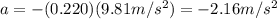 a=-(0.220)(9.81 m/s^2)=-2.16 m/s^2