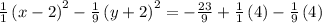 \frac{1}{1}\left(x-2\right)^2-\frac{1}{9}\left(y+2\right)^2=-\frac{23}{9}+\frac{1}{1}\left(4\right)-\frac{1}{9}\left(4\right)