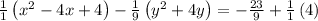 \frac{1}{1}\left(x^2-4x+4\right)-\frac{1}{9}\left(y^2+4y\right)=-\frac{23}{9}+\frac{1}{1}\left(4\right)