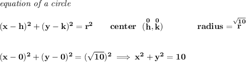 \bf \textit{equation of a circle}\\\\ &#10;(x- h)^2+(y- k)^2= r^2&#10;\qquad &#10;center~~(\stackrel{0}{ h},\stackrel{0}{ k})\qquad \qquad &#10;radius=\stackrel{\sqrt{10}}{ r}&#10;\\\\\\&#10;(x-0)^2+(y-0)^2=(\sqrt{10})^2\implies x^2+y^2=10