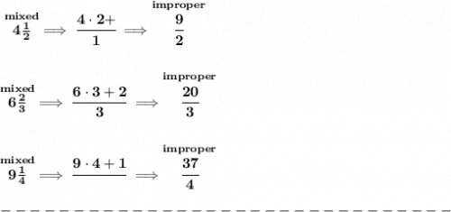 \bf \stackrel{mixed}{4\frac{1}{2}}\implies \cfrac{4\cdot 2+}{1}\implies \stackrel{improper}{\cfrac{9}{2}}&#10;\\\\\\&#10;\stackrel{mixed}{6\frac{2}{3}}\implies \cfrac{6\cdot 3+2}{3}\implies \stackrel{improper}{\cfrac{20}{3}}&#10;\\\\\\&#10;\stackrel{mixed}{9\frac{1}{4}}\implies \cfrac{9\cdot 4+1}{}\implies \stackrel{improper}{\cfrac{37}{4}}\\\\&#10;-------------------------------\\\\