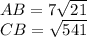AB = 7\sqrt{21}\\CB= \sqrt{541}