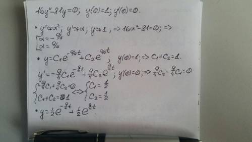 Find the function y1 of t which is the solution of 16y′′−81y=0 with initial conditions y1(0)=1,y′1(0