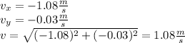 v_x=-1.08\frac{m}{s}\\ v_y=-0.03\frac{m}{s}\\ v=\sqrt{(-1.08)^2+(-0.03)^2}=1.08\frac{m}{s}