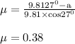 \rm{ \mu = \frac{9.81\timessin27^0 -a}{9.81\times cos27^0 } }\\\\\mu = 0.38