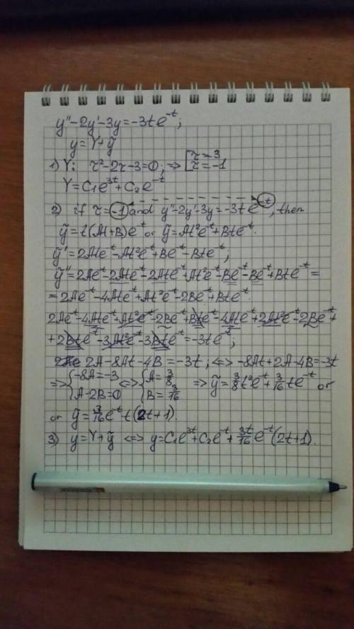 Find the general solution of the differential equation y'' - 2y' - 3y = -3te^(-t)