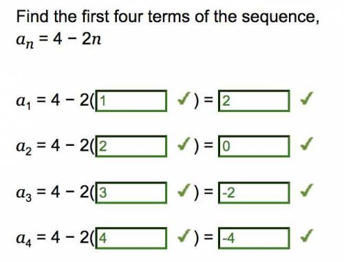 Find the first four terms of the sequence an=4-2n
