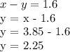 x - y = 1.6&#10;&#10;y = x - 1.6&#10;&#10;y = 3.85 - 1.6&#10;&#10;y = 2.25