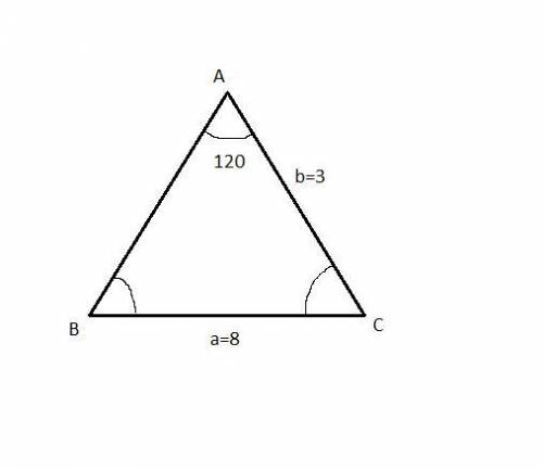 Round your answer to this problem to the nearest degree.  in triangle abc, if ∠a = 120°, a = 8, and