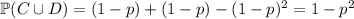 \mathbb P(C\cup D)=(1-p)+(1-p)-(1-p)^2=1-p^2