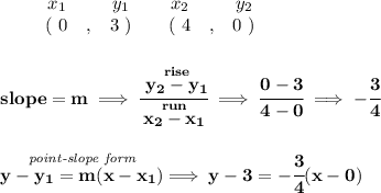 \bf \begin{array}{ccccccccc}&#10;&&x_1&&y_1&&x_2&&y_2\\&#10;%  (a,b)&#10;&&(~{{ 0}} &,&{{ 3}}~) &#10;%  (c,d)&#10;&&(~{{4}} &,&{{ 0}}~)&#10;\end{array}&#10;\\\\\\&#10;% slope  = m&#10;slope = {{ m}}\implies &#10;\cfrac{\stackrel{rise}{{{ y_2}}-{{ y_1}}}}{\stackrel{run}{{{ x_2}}-{{ x_1}}}}\implies \cfrac{0-3}{4-0}\implies -\cfrac{3}{4}&#10;\\\\\\&#10;% point-slope intercept&#10;\stackrel{\textit{point-slope form}}{y-{{ y_1}}={{ m}}(x-{{ x_1}})}\implies y-3=-\cfrac{3}{4}(x-0)