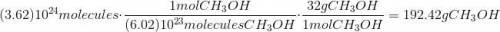 What is the mass of 3.62x10^24 molecules of methanol