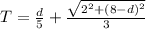 T = \frac{d}{5} + \frac{\sqrt{2^2+(8-d)^2} }{3}