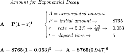 \bf \qquad \textit{Amount for Exponential Decay}\\\\&#10;A=P(1 - r)^t\qquad &#10;\begin{cases}&#10;A=\textit{accumulated amount}\\&#10;P=\textit{initial amount}\to &8765\\&#10;r=rate\to 5.3\%\to \frac{5.3}{100}\to &0.053\\&#10;t=\textit{elapsed time}\to &5\\&#10;\end{cases}&#10;\\\\\\&#10;A=8765(1-0.053)^5\implies A=8765(0.947)^6