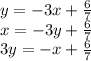 y =  -3x  +  \frac{6}{7}  \\ x =  - 3y +  \frac{6}{7}  \\ 3y =  - x + \frac{6}{7} \: