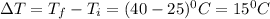 \Delta T=T_f-T_i=(40-25)^0C=15^0C