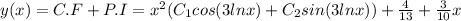 y(x)=C.F+P.I=x^2(C_1cos (3lnx)+C_2sin(3lnx))+\frac{4}{13}+\frac{3}{10}x