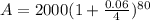 A=2000(1+\frac{0.06}{4})^{80}