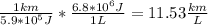 {\frac{1km}{5.9*10^5J}*\frac{6.8*10^6J}{1L}=11.53\frac{km}{L}
