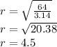 r = \sqrt {\frac {64} {3.14}}\\r = \sqrt {20.38}\\r = 4.5