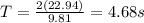 T = \frac{2(22.94)}{9.81} = 4.68 s