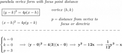 \bf \textit{parabola vertex form with focus point distance}\\\\&#10;\begin{array}{llll}&#10;\boxed{(y-{{ k}})^2=4{{ p}}(x-{{ h}})}&#10;\\\\&#10;(x-{{ h}})^2=4{{ p}}(y-{{ k}})&#10;\end{array}&#10;\qquad &#10;\begin{array}{llll}&#10;vertex\ ({{ h}},{{ k}})\\\\&#10;{{ p}}=\textit{distance from vertex to }\\&#10;\qquad \textit{ focus or directrix}&#10;\end{array}\\\\&#10;-------------------------------\\\\&#10;\begin{cases}&#10;h=0\\&#10;k=0\\&#10;p=3&#10;\end{cases}\implies (y-0)^2=4(3)(x-0)\implies y^2=12x\implies \cfrac{1}{12}y^2=x