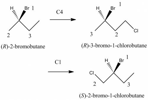 What products are formed from monochlorination of (2r)−2−bromobutane at c1 and c4?  draw the product